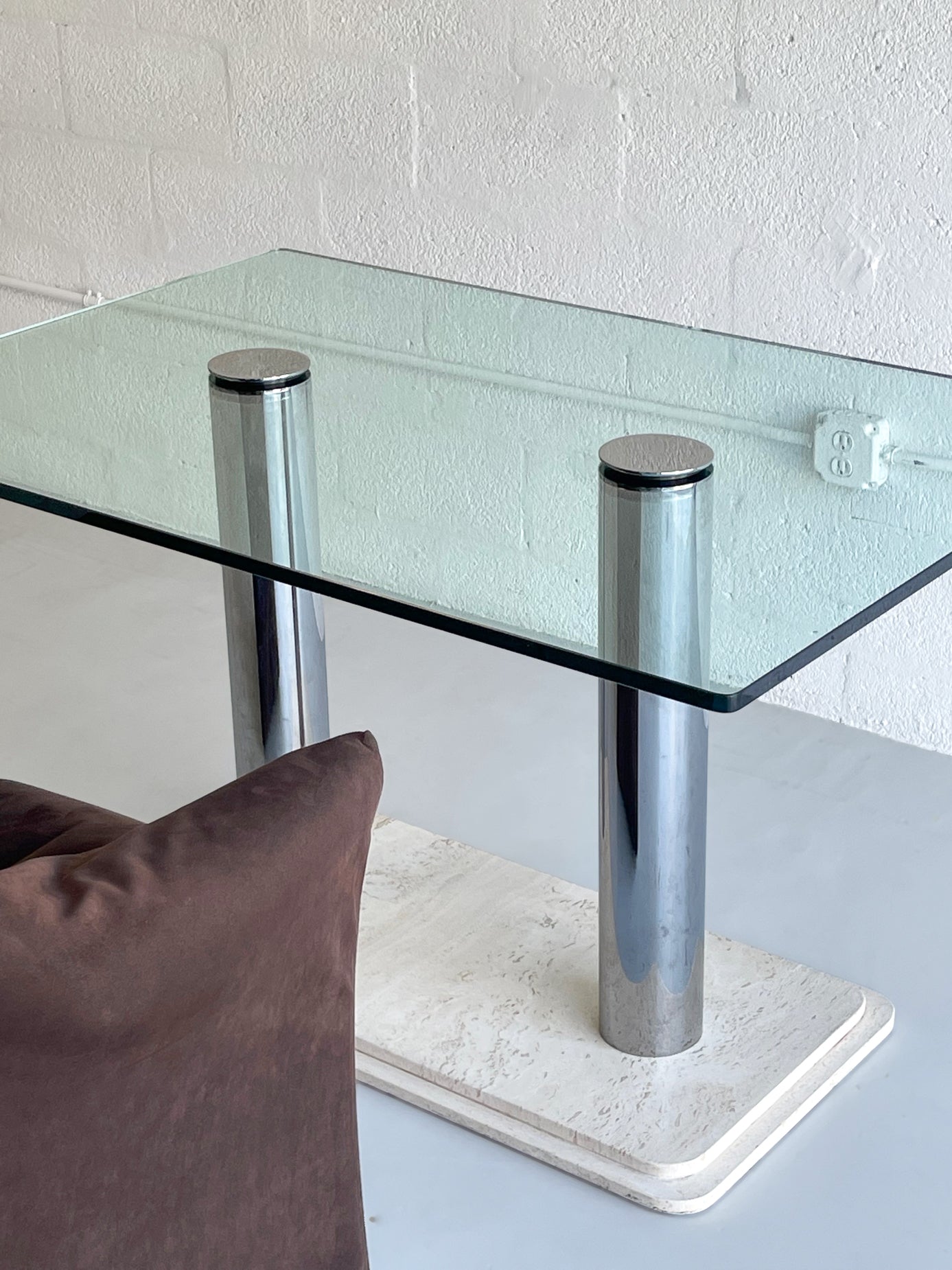 1980s Travertine and Chrome Dining Table by Pace Collection