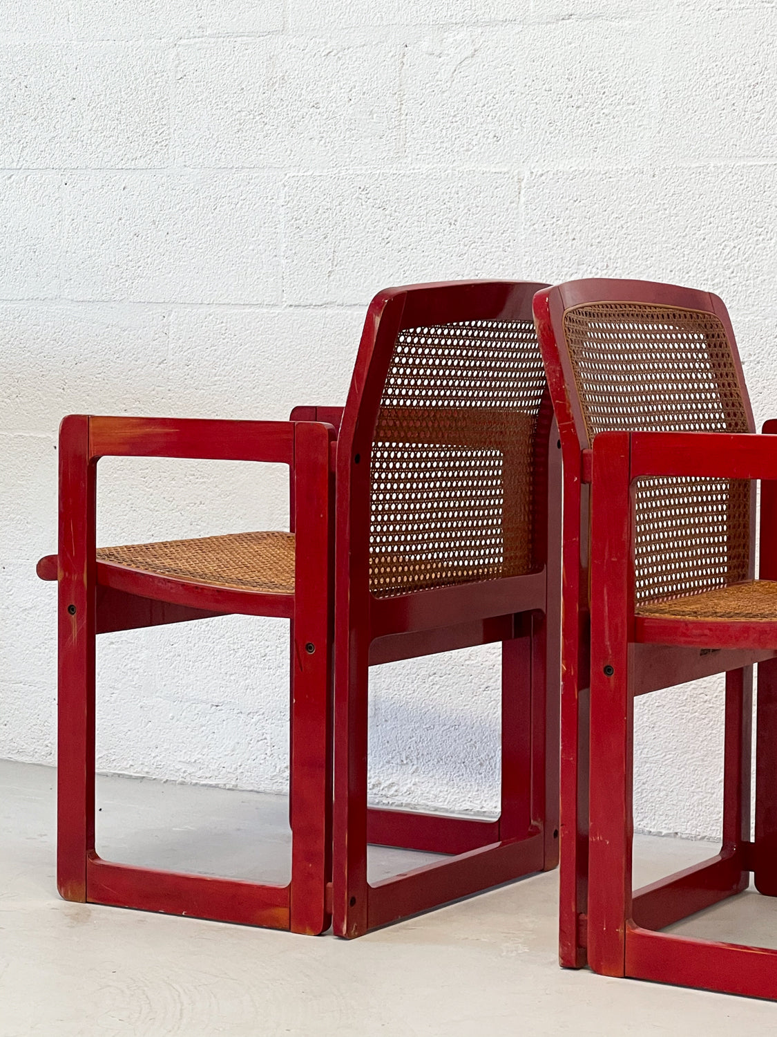 Pair of 1970s Red Stained Wooden Armchairs with Caning