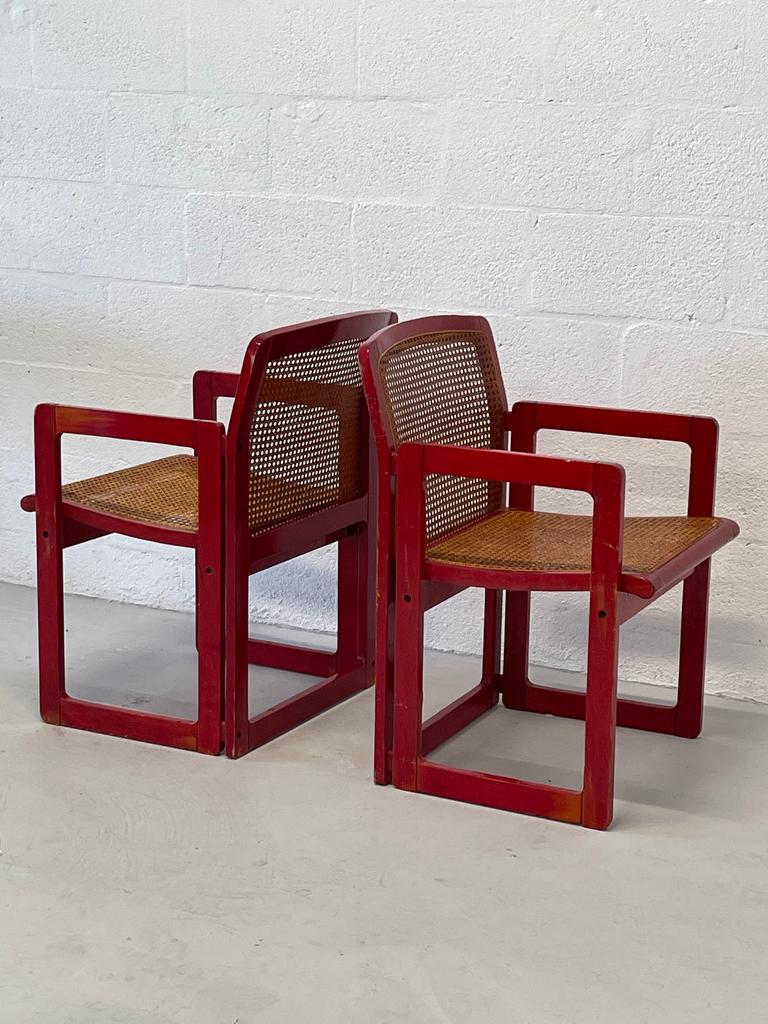 Pair of 1970s Red Stained Wooden Armchairs with Caning