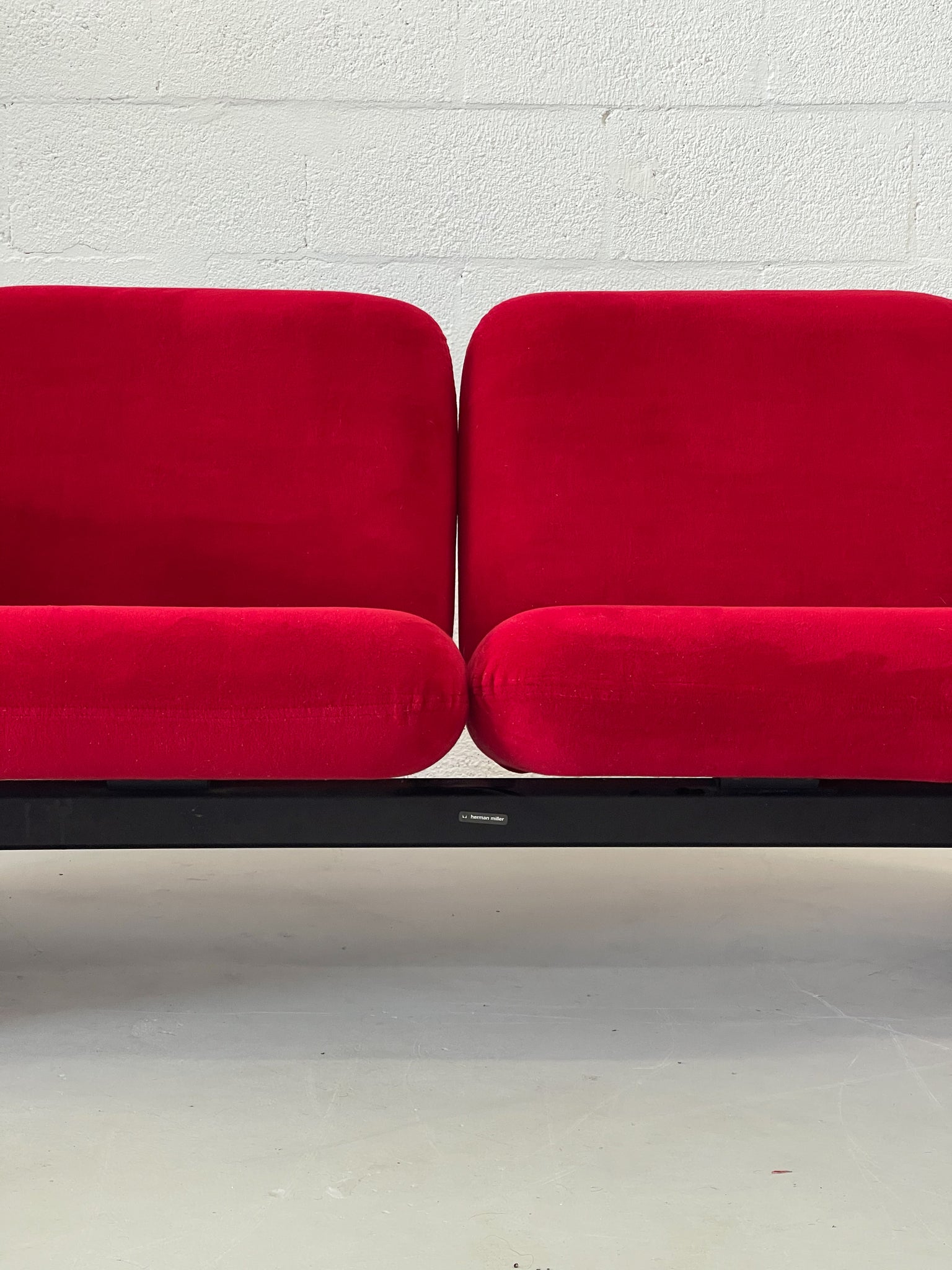 Close-up of Chiclet Sofa by Ray Wilkes for Herman Miller in Red Velvet