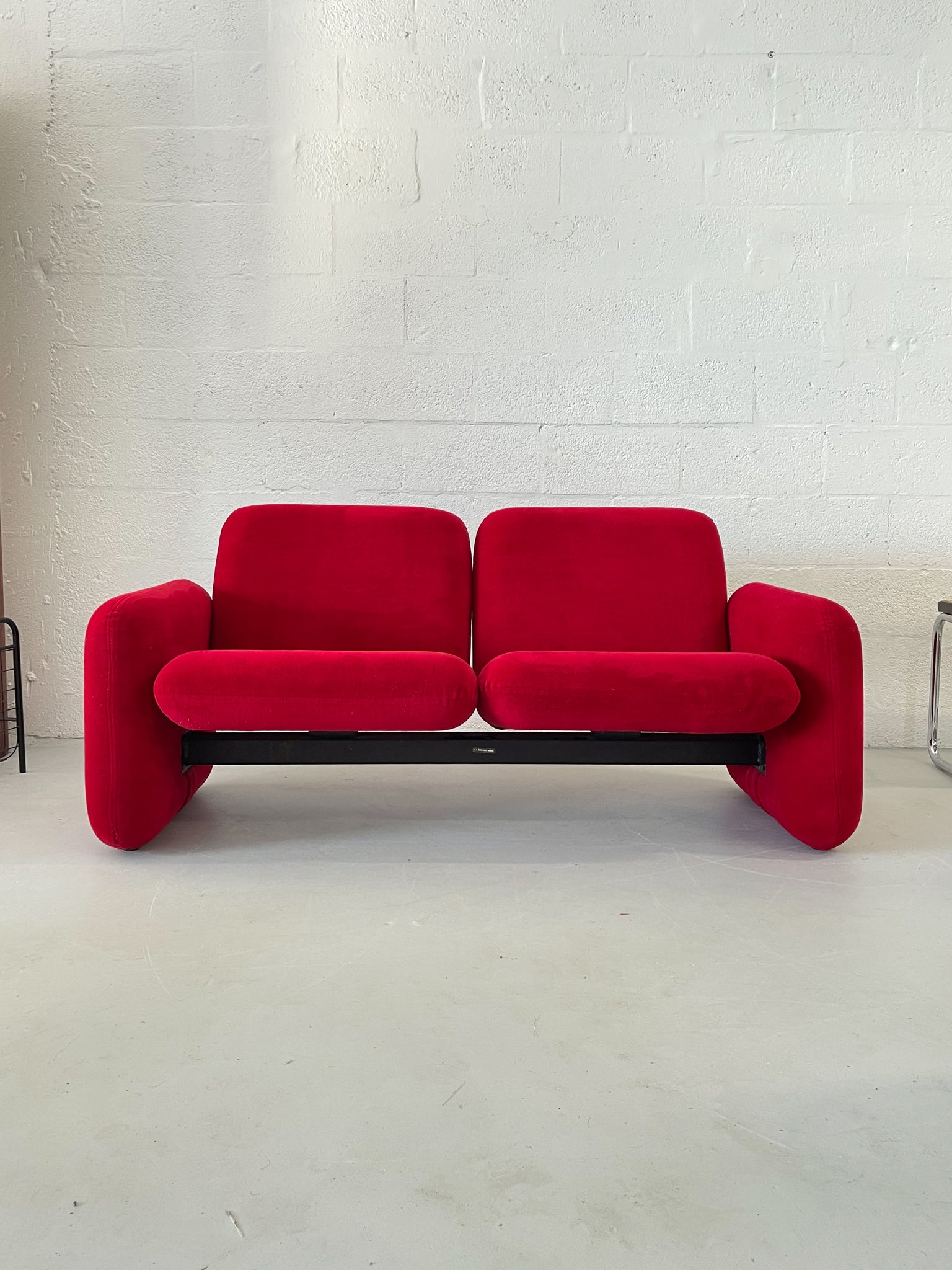 Front angle of Chiclet Sofa by Ray Wilkes for Herman Miller in Red Velvet