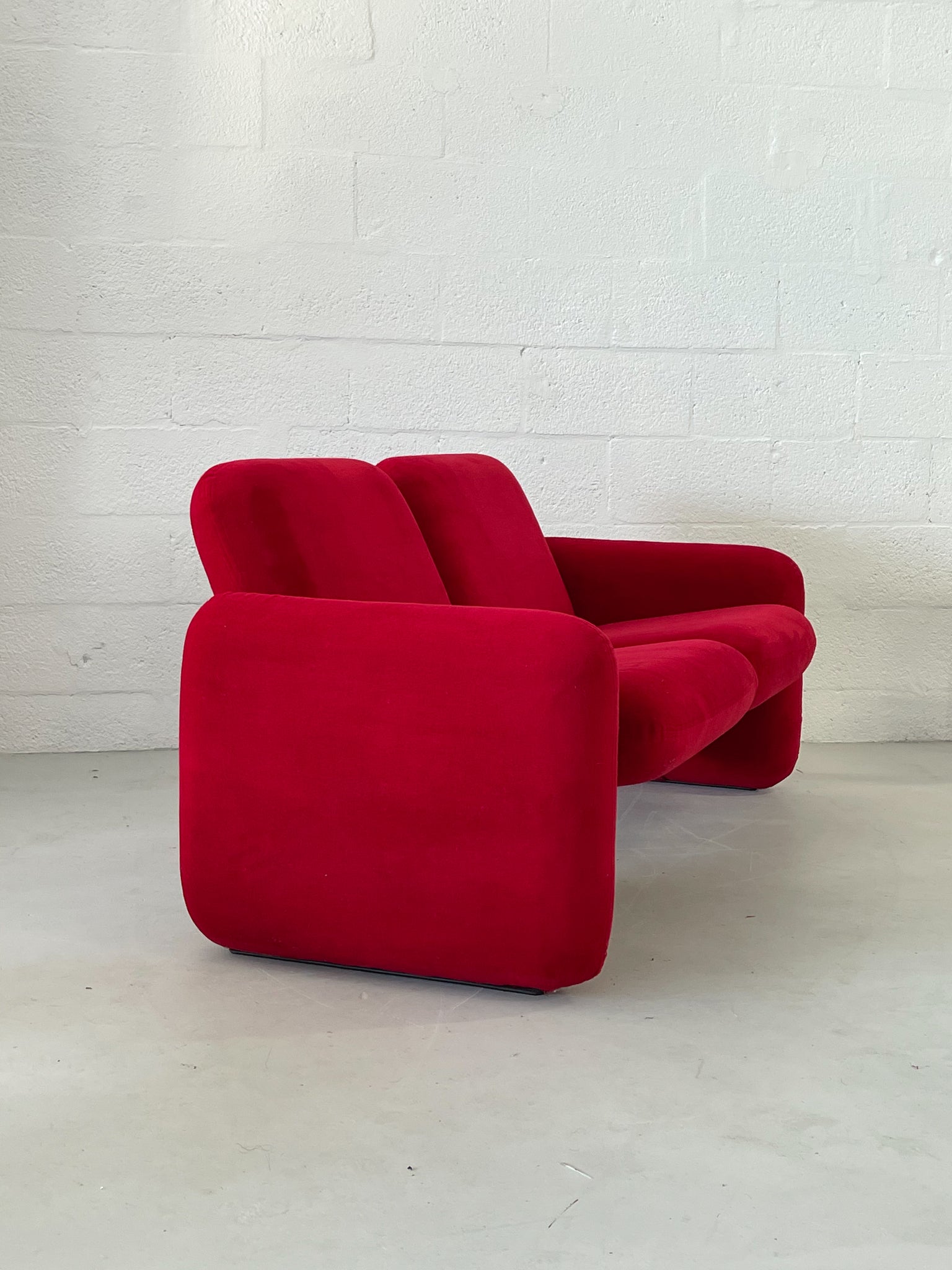 Profile angle of Chiclet Sofa by Ray Wilkes for Herman Miller in Red Velvet