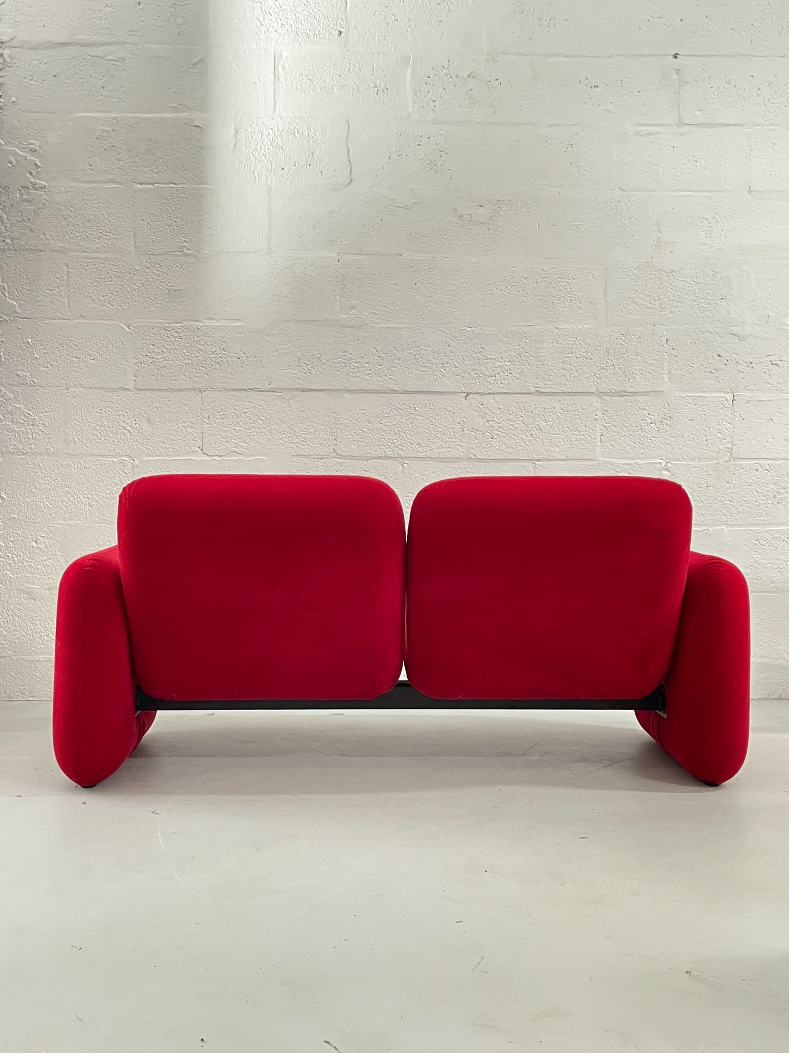 Back of Chiclet Sofa by Ray Wilkes for Herman Miller in Red Velvet